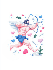 Naklejka premium Illustrated Cupid with bow and arrow surrounded by hearts