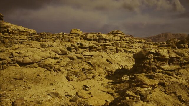 Windblown desert expanse with weathered rocks and sparse vegetation, eroded formations and muted ochre palette create evocative mood for environmental campaigns