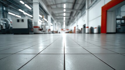 Fototapeta premium Industrial interior, a long, bright hall with tiled floor and machinery