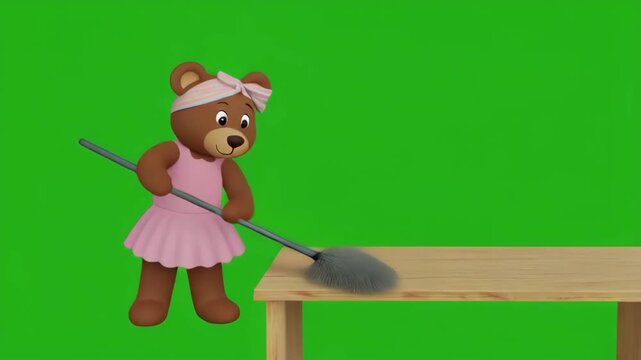 Animated bear in pink dress sweeps wooden surface with broom against green screen background