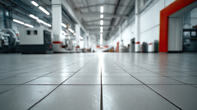 Industrial interior, a long, bright hall with tiled floor and machinery