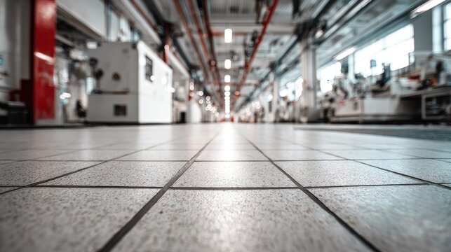 Industrial factory floor perspective with blurred machinery and overhead lighting