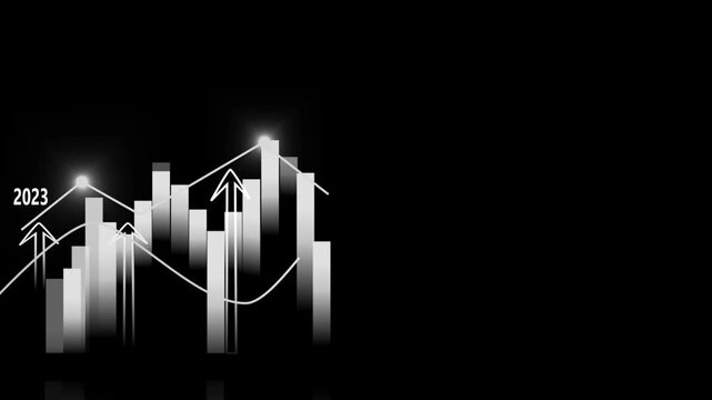 Glowing bar chart with upward lines business growth and trend for 2023 to 2026 animation