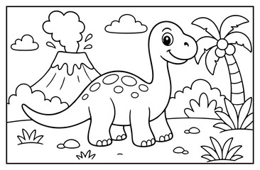 Cute dinosaur coloring page for children featuring a friendly brontosaurus near a volcano and palm © Hokyubi
