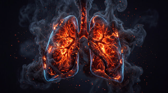 Human lungs with burning embers and glowing fire effect representing lung disease, smoking damage, or respiratory inflammation in a dark artistic style