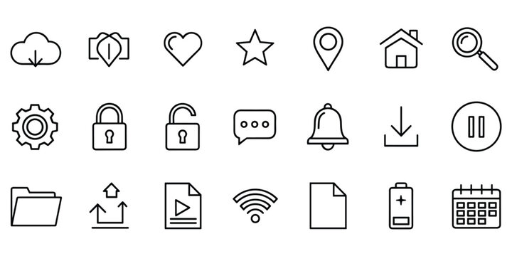 Set of outline web and mobile application interface icons covering essential user interaction tasks