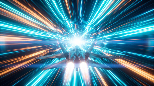 Fighter jet flying through a bright blue and orange hyperspace tunnel with glowing light streaks and energy effects in deep space