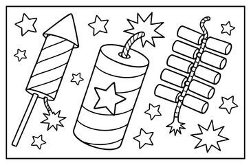 Fireworks coloring page featuring a rocket firecracker and firework string with stars in black outline