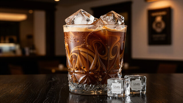 Glas mit Eiskaffee und Eisw&uuml;rfeln auf einem dunklen Holztisch in einem gem&uuml;tlichen Caf&eacute;