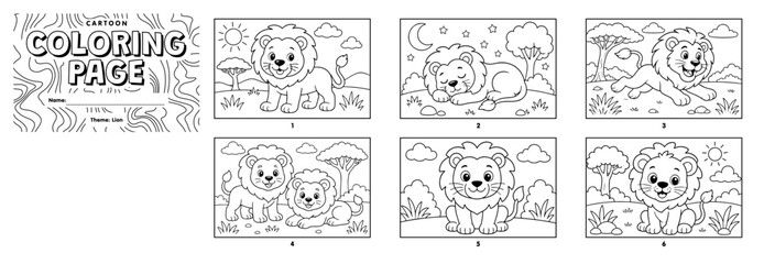 Cute lion coloring page for children featuring six different cartoon scenes in black and white lines © Hokyubi