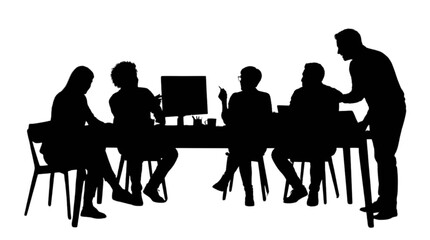 Fototapeta premium Team meeting around office table with laptops isolated on transparent background, Vector
