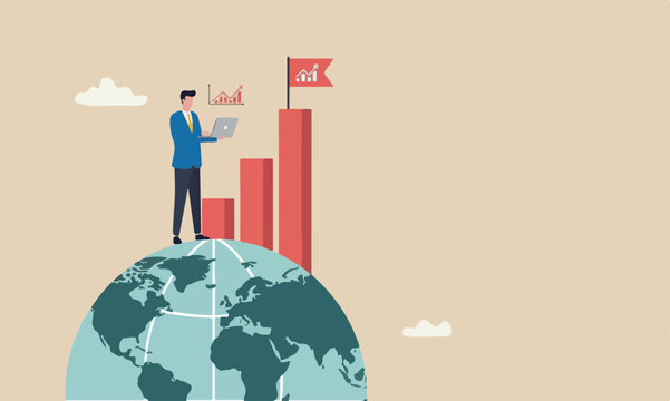 Global stock pillars international investment, financial analysis or earning growth, stock trading concept, smart businessman investor trading on laptop on the globe with financial graph