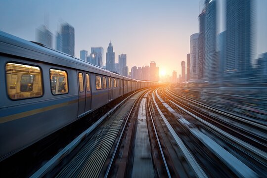 A fast-moving train glides along tracks toward a city skyline at sunset