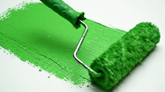 A vibrant green paint roller applies a fresh coat of paint smoothly.
