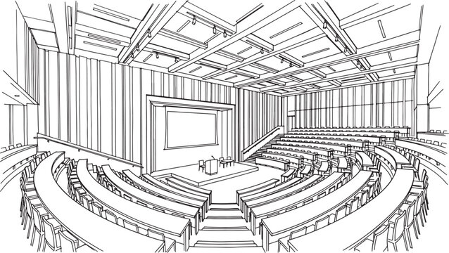 Lecture hall interior sketch with tiered seating and presentation stage in a hand drawn architectural line art
