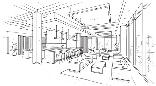 Modern office lounge interior sketch with sofas and bar counter in a hand drawn architectural line art style