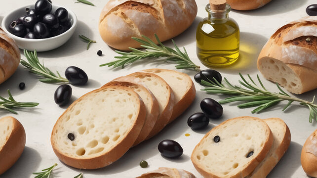 Olive oil bread composition with crust and black olives