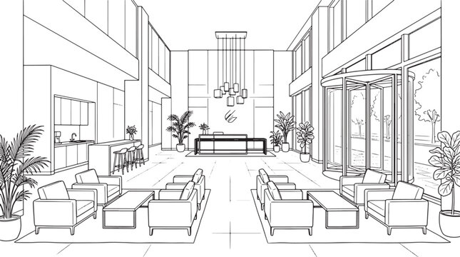 Modern office lobby interior sketch with reception desk seating area and large windows in black and white
