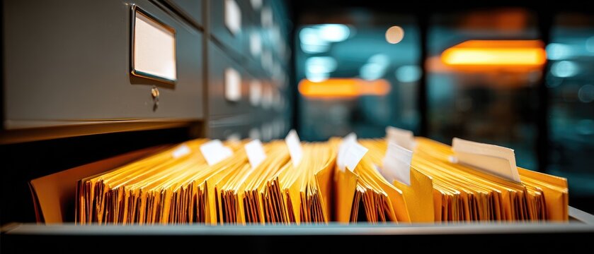 A filing cabinet drawer filled with manila folders, close up