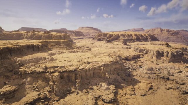aerial canyon landscape with rugged cliffs and sunlit sandstone, scientific survey perspective with clear sky, stratified rock layers visible, remote arid