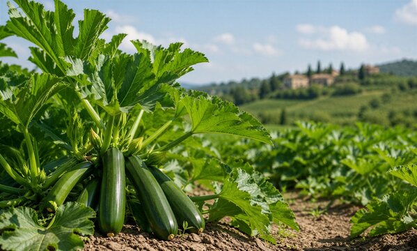 Ripe green zucchini growing on plant in vegetable garden. Fresh organic vegetable harvest in summer field. Agriculture, sustainable farming and healthy plant food nutrition concept.