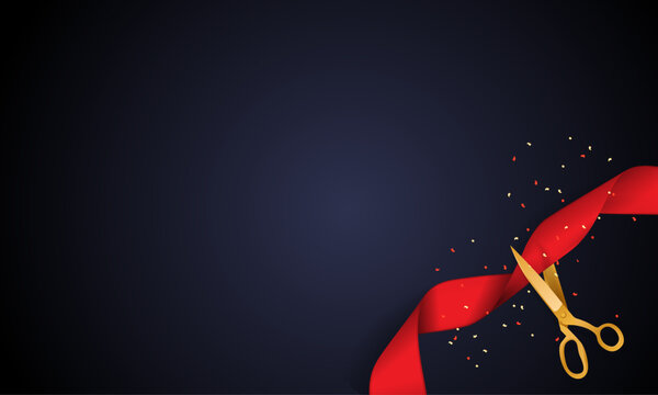 Golden scissors cutting a red ribbon with confetti on a dark background