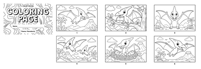 Pterodactyl coloring page set featuring six cute cartoon prehistoric flying dinosaurs for kids activity book illustration © Hokyubi