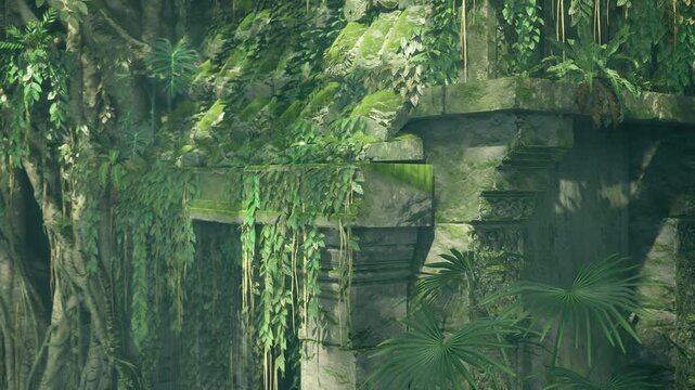 Mossclad ruin column framed by tropical leaves, vertical composition highlighting carved capitals and creeping roots, atmospheric green tones and soft light,
