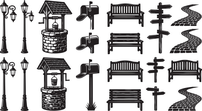 Park and garden elements set with street lamps, stone well, benches, mailboxes, signposts, and cobblestone paths vector