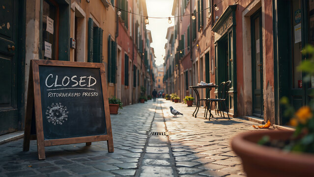 Closed sign on chalkboard in narrow cobblestone street of old town with business