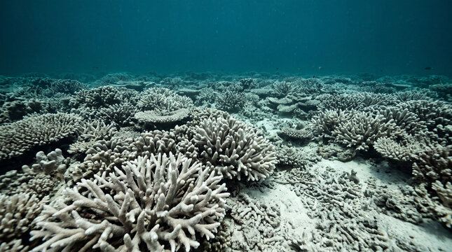 Underwater view of a vast coral reef ecosystem with diverse hard coral formations and white sandy seabed under clear blue ocean water in the deep sea