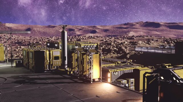 solar farm and habitat modules on rugged plateau under starry sky, arrays and trackers aligned toward dawn, renewable energy infrastructure with greenhouse