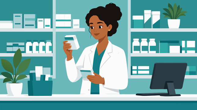 Clean flat vector illustration on a light background showing a pharmacist holding medicine boxes at a pharmacy counter, suited for healthcare service marketing.