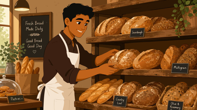 Clean flat vector illustration on a light background showing a baker arranging artisan bread on bakery shelves, perfect for bakery menus and local food promotion.