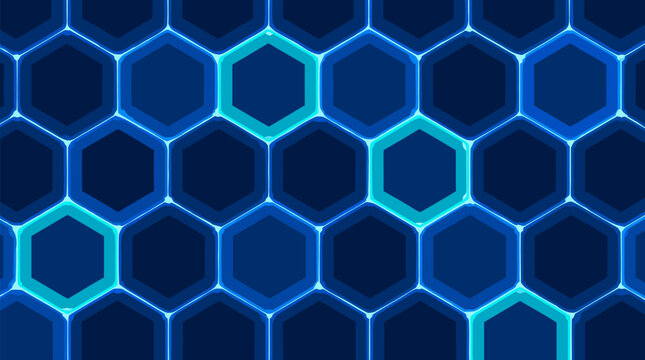 Clean flat vector illustration of a glowing blue neon hexagon network pattern on a dark tech background, ideal for cybersecurity, blockchain, and innovation banners.