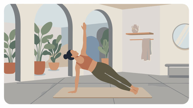 Clean flat vector illustration on a light background of a woman practicing side plank yoga in a plant filled studio, ideal for wellness or fitness promotions.
