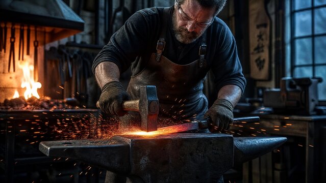 Professional Blacksmith Forging Glowing Red Hot Metal on Anvil with Flying Sparks in Dark Workshop