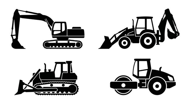 Construction equipment silhouettes featuring excavator, tractor, dozer, and roller on site