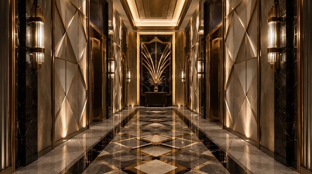 Luxurious art deco hallway interior with marble floors, gold accents, and elegant wall sconces in a hotel