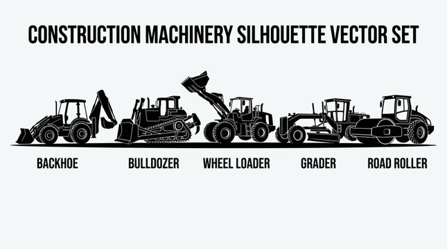 Heavy machinery construction equipment silhouettes including backhoe, bulldozer, wheel loader, grader, and road roller on a site