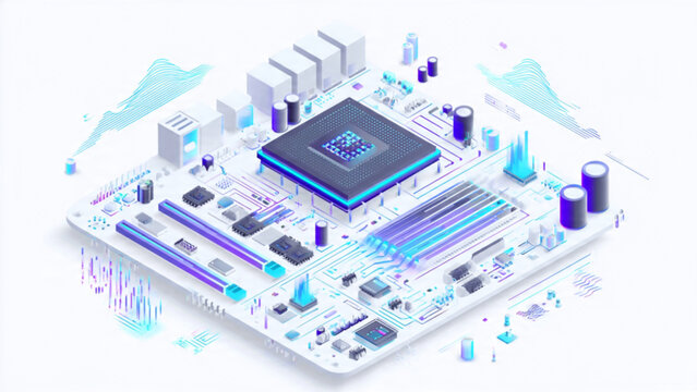 isometric view of modern digital computer circuit board with microprocessor and electronic components in blue and white colors