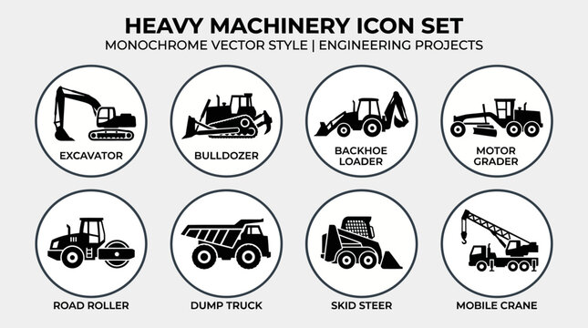 Construction equipment icons set featuring excavator, bulldozer, crane loader, grader, road roller, dump truck, skid steer, mobile crane for engineering projects
