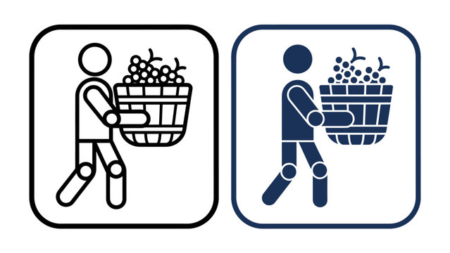Grape Harvest Icon: A stylized graphic of a person carrying a basket full of ripe grapes, symbolizing the process of harvesting or transporting fruit.