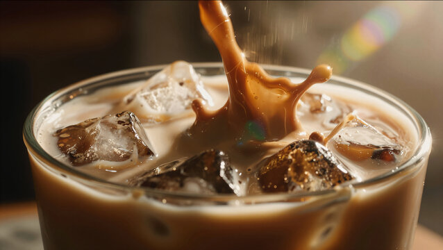 Erfrischender Eiskaffee mit Milch und Eisw&uuml;rfeln in Nahaufnahme