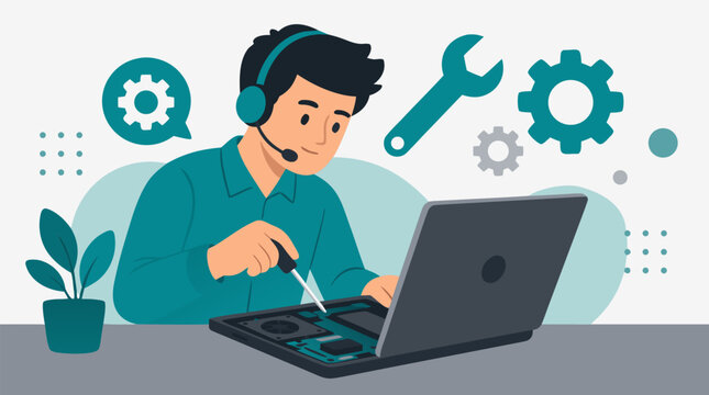 Clean flat vector illustration on a light background showing a headset technician repairing laptop hardware, ideal for IT support, maintenance, or help desk services.