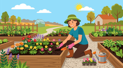 Fototapeta premium A clean flat vector illustration on a light background shows a gardener planting colorful flowers in raised beds, suited for spring gardening guides and community garden promotions.