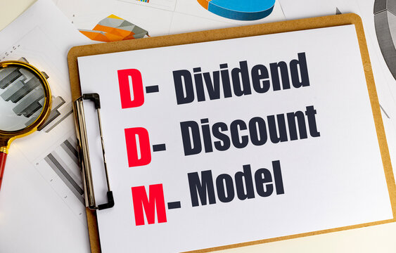 Dividend discount model concept with clipboard, financial charts and magnifying glass representing stock valuation, dividend forecasting 