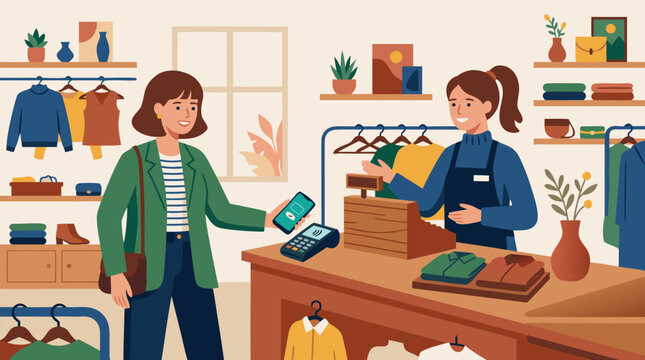 Clean flat vector illustration on a light background showing a clothing store checkout with contactless phone payment, ideal for retail commerce promotions.