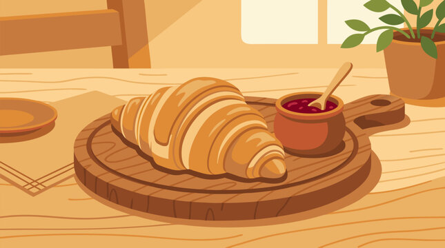 Clean flat vector illustration on a light background showing a golden croissant on a wooden board with jam, ideal for bakery menus, brunch ads, and cafe branding.