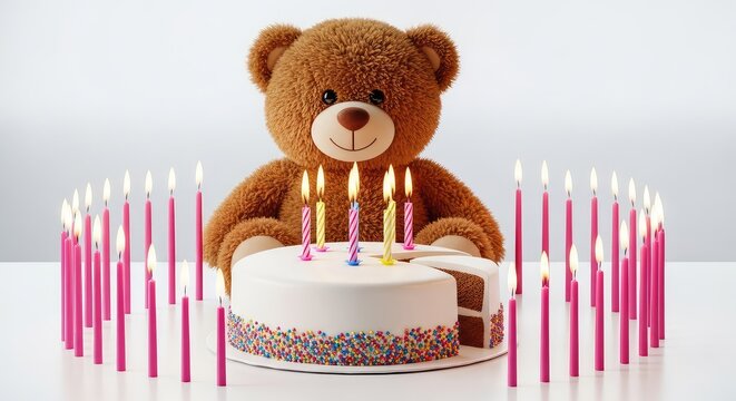 A fluffy brown teddy bear sits joyfully behind a delicious birthday cake topped with lit candles, surrounded by many glowing pink candles, anniversary, adorable, childhood